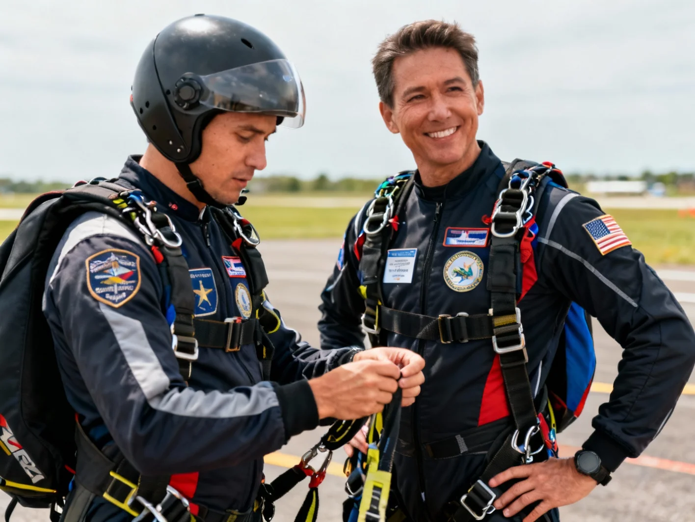 Instructeur certifié préparant un saut en tandem