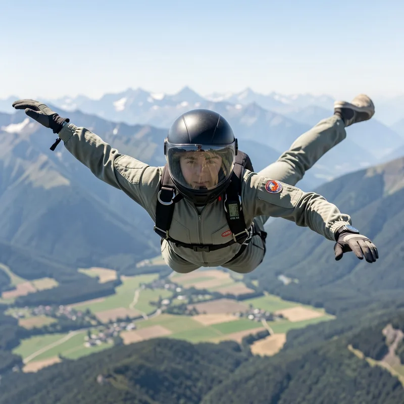 Élève parachutiste en position stable au-dessus d’une vallée de montagne