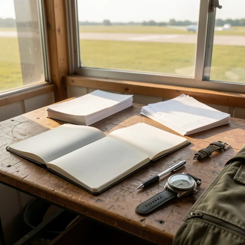 Bureau d’accueil d’un centre de parachutisme avec carnets de sauts et fiches de formation