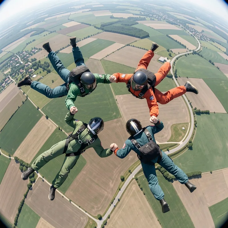 Groupe de parachutistes en vol relatif au-dessus d’un plateau
