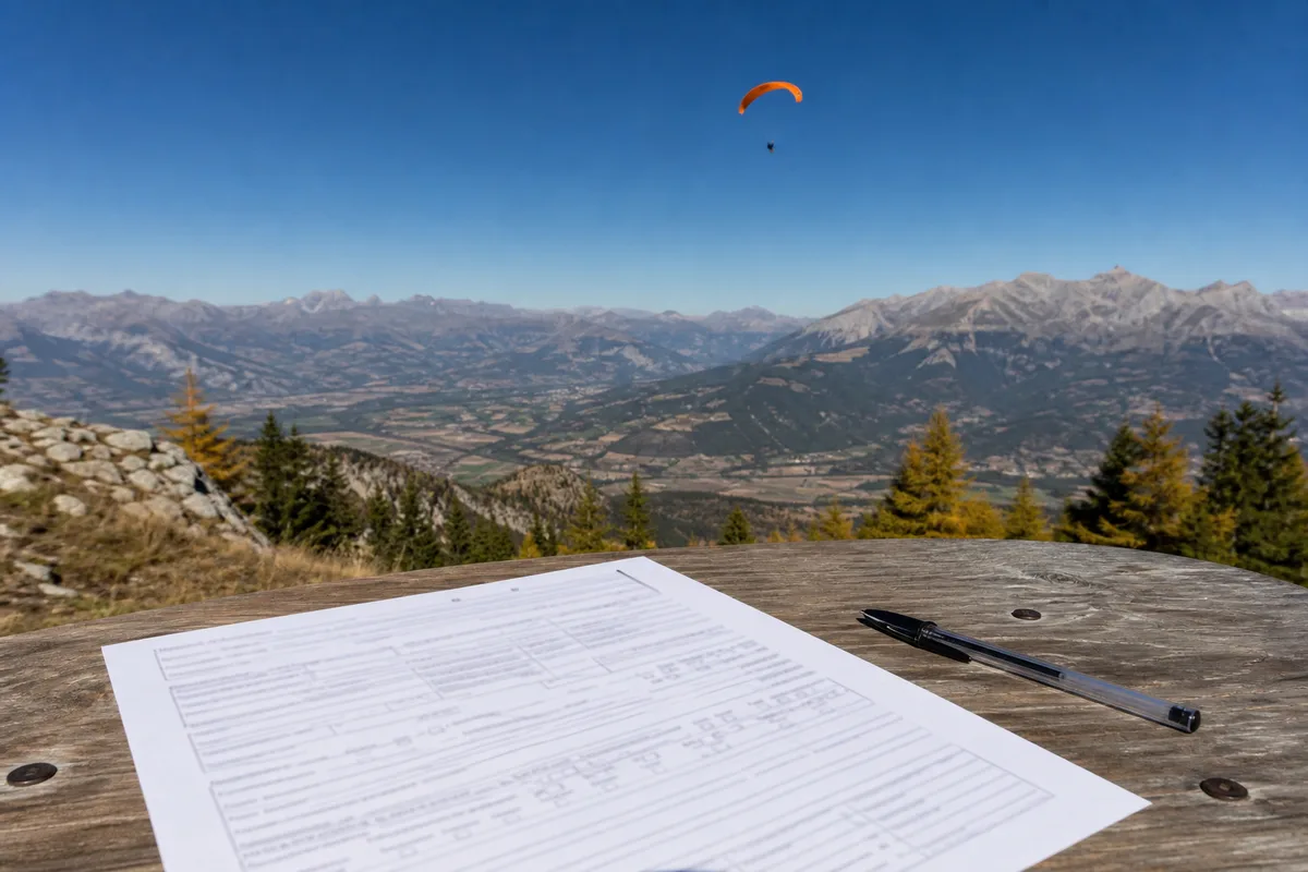 Formulaire médical et stylo posés sur une table avant un saut en parachute