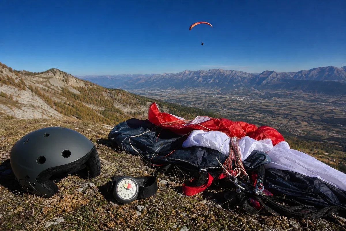 Altimètre de poignet et casque posés à côté d’un ensemble parachute
