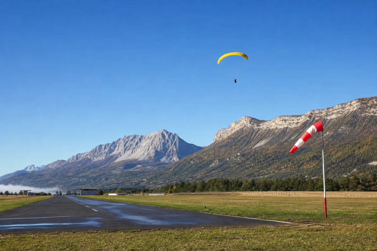 Manche à air et piste d’un aérodrome de montagne au petit matin