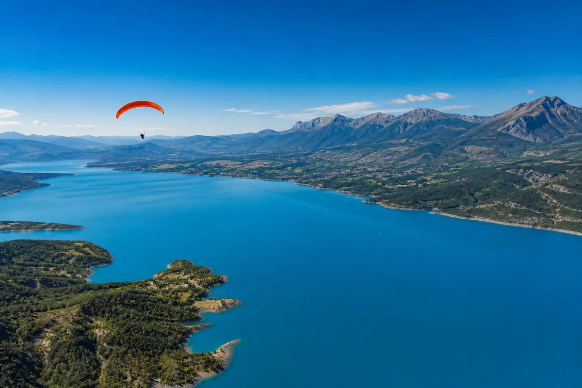 Lac de Serre-Ponçon vu du ciel avec ses rives découpées